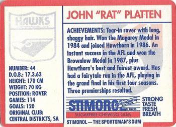 1991 Scanlens Stimorol #52 John Platten Back